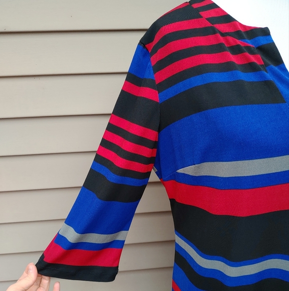 Emma & Michele Multicolor Striped Shift Dress Blue Red Black 3/4 Sleeves Stretch - Picture 5 of 14